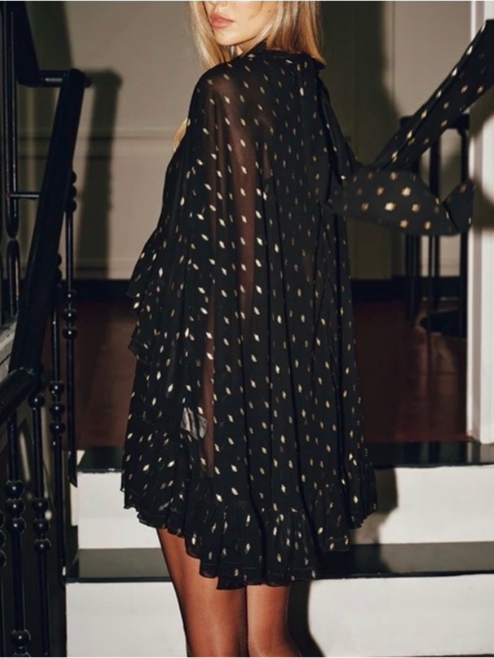 Black A-Line Tiered Ruffle Cape Dress with Gold Dot Accent - Picture 6 of 6